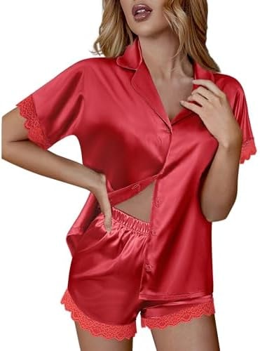 Ekouaer Women Lace Satin Pajama Shorts Set Button Down Silk Pjs Red M