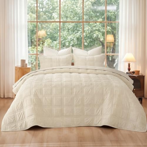 PHF Diamond Pattern Luxury Velvet Quilt Set Queen Size, Sand