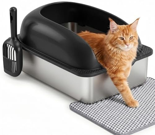 Aidoly Stainless Steel Cat Litter Box with Lid, High Sided for Big Cats