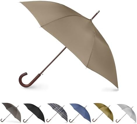 Totes Auto Open Water Repellent Stick Umbrella with Classic Wood J Hook Handle