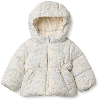 Amazon Essentials x Sofia Grainge Girls' Water-Repellent Hooded Puffer Jacket, Ivory Dusty Blue Outlined Blooms, X-Large