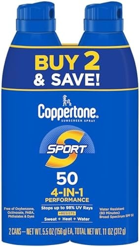 Coppertone Sport Sunscreen Spray SPF 50, Water Resistant Broad Spectrum UVA/UVB Spray Sunscreen, 5.5 Oz, Pack of 2, Continuous Sprayer
