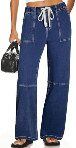Sidefeel Women Jeans High Waisted Elastic Straight Leg Stretchy Jeans Trendy Drawstring Wide Leg Baggy Pull On Denim Pants Dark Blue Size 10