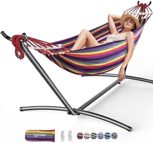 Everyfun Double Hammock with Stand for 2 Person, 600 lb Capacity, Rainbow