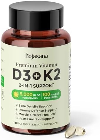 HojaSana Vitamin D3 K2 5000IU 100mcg MK-7 for Bone, Immune & Heart Support