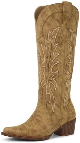 Foscape Women's Light Brown Knee High Cowboy Boots Pointed Toe Embroidered Western Boots Chunky Heel Fashion Cowgirl Tall Boots for Concert Festival Fall Outfits 9