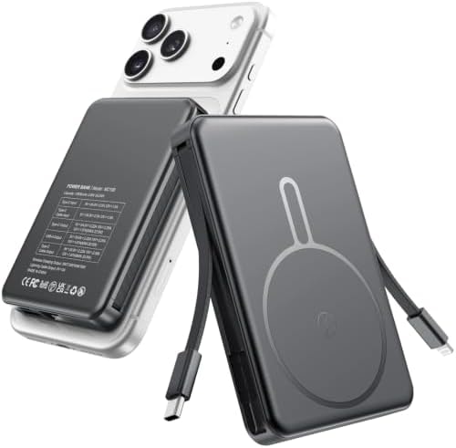 Magnetic Portable Charger 10000mAh for Magsafe Power Bank Built in Cables