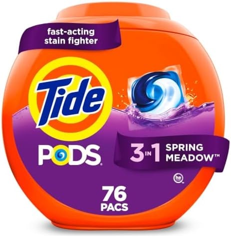 Tide PODS laundry detergent pacs, 3-in-1 Stain Remover, Odor Fighter, Color Protector, 76 Count, HE compatible, Spring Meadow Scent