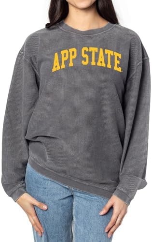 chicka-d Women's Oversized Original Corded Crew Fleece Sweatshirt NCAA Classic Arch Over Team Color, Appalachian State Mountaineers, Charcoal, Medium