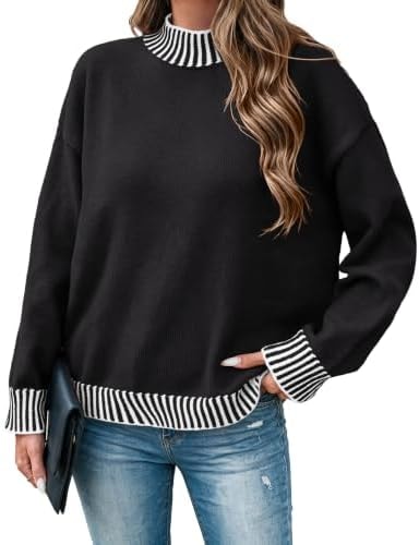 SunnyMelody Womens Oversized Turtle Neck Striped Sweater Black
