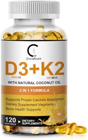 Vitamin D3 K2 Supplement 5000 IU + K2 MK7 200mcg with Coconut Oil, 120ct