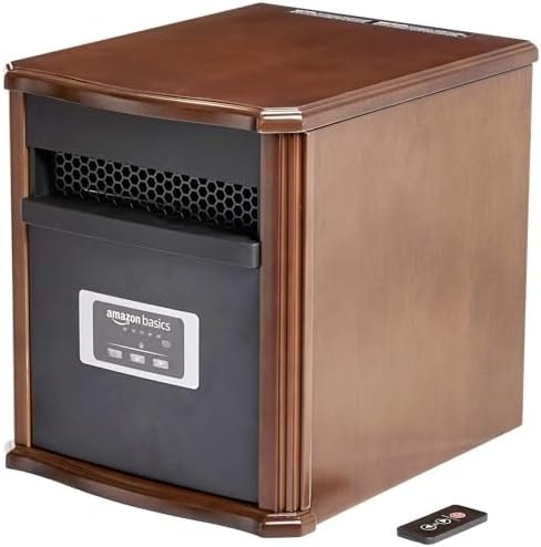 Amazon Basics Portable Space Heater with Remote Control, Adjustable Thermostat, Indoor Use, Energy-Saving Setting, LED Display, Classic Wood Casing, 1500W, 12"D x 13"W x 16"H, Brown