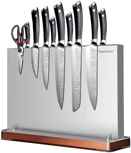 Magnetic Knife Block Stand Without Knives Double Sided Magnetic Knife Holder Rack for Kitchen Counter Stainless Steel Knife Magnetic Strip Display Stand Storage Organizer with Wood Base