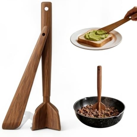 Livanira 2 Pcs Teak Wood Ground Beef Masher and Spatula Set
