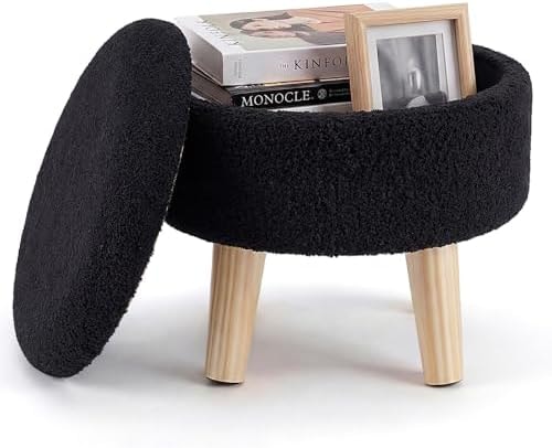 DUMOS Round Storage Ottoman with Reversible Tray Lid, Multi-Functional Footrest, Teddy Velvet Footstool with Wood Legs, Small Coffee Table for Living Room, Bedroom, Ink