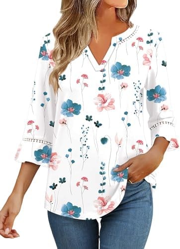 Bashafo Womens Tops 3/4 Sleeve Summer Short Sleeve Tunics Work Shirt Dressy Boho Peasant Blouses