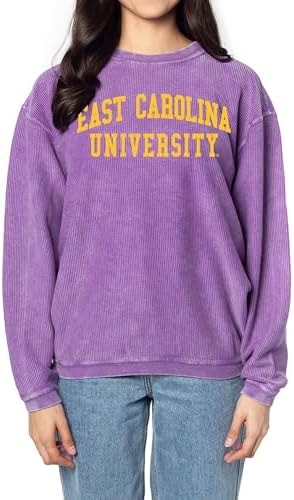 chicka-d Women's Oversized Original Corded Crew Fleece Sweatshirt NCAA Classic Arch Over Team Color, East Carolina Pirates, Purple, X-Large
