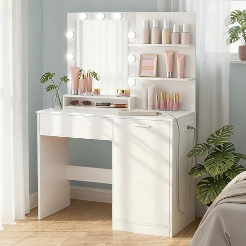 VASAGLE 35.4-Inch Vanity Desk Set with Mirror and Lights, Power Outlet
