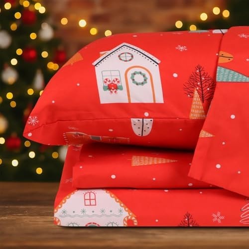 HITIME Twin Size 3-Piece Christmas Sheet Set - Ultra Soft & Breathable Polyester Bed Sheets, All Season Cooling Bedding with Deep Pockets, Wrinkle & Fade Resistant (Christmas House)