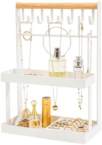 Borozo 4-Tier Jewelry Organizer Stand with 12 Hooks & Velvet Ring Tray, Necklace Holder, Tangle-Free Jewelry Display for Bracelets Rings, Room Dorm Decor for Dresser Vanity, Gift for Teen Girls, White