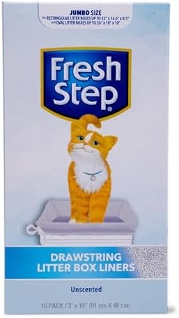 Fresh Step Jumbo Drawstring Cat Litter Box Liners X-Large Oval Rectangle Pans Heavy Duty Unscented 3 ft x 19 in 15 Count Leak Proof Easy