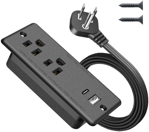 Recessed Power Strip USB C 20W,Flat Plug Ultra Thin Extension Cord,Furniture Desktop Charging Station for Side Table,End Table,Flush-Mount Desk Outlet Power Grommet,10ft Cord (Black)