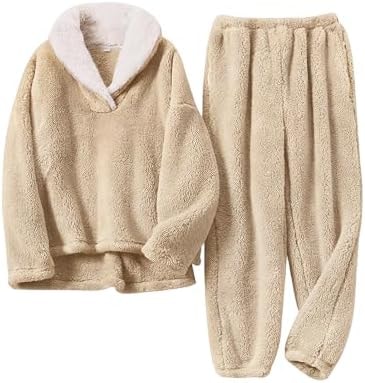 Fenclushy Women's Fluffy Loungewear Sleepwear Lounge Casual Pajamas Sets Loose Long Sleeve Fleece Pullover and Pants Set(01Apricot,XS)