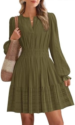 BTFBM Women Long Sleeve Flowy A Line Mini Fall Dress,S,Army Green