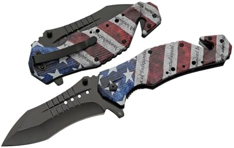 8" Red/White/Blue USA Flag Liner Lock Rescue Folding Pocketknife With Clip