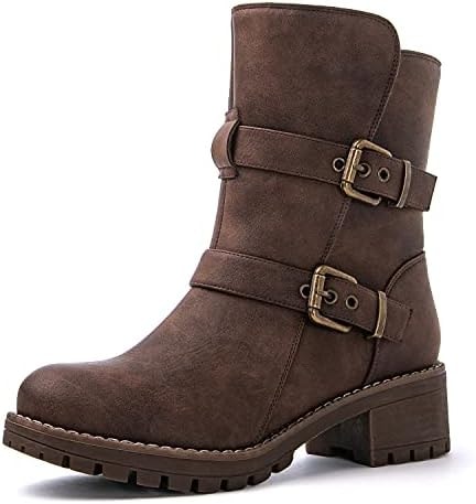 GLOBALWIN Women's Ankle Boots Brown Boots For Women Faux Fur Lined Winter Moto Boots Ankle Booties With Adjustable Double Buckles Size 9.5M