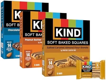 KIND Soft Baked Squares Variety Pack, Gluten Free, Healthy Snack Bars, Chocolate, Peanut Butter, Salted Caramel Almond, 5g Protein, 18 Count