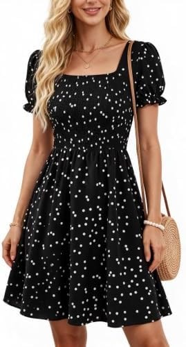 Berydress Women's Smocked Polka Dot Dress Square Neck Aline Short Sleeve Summer Beach Outfits Casual Flowy Dresses with Pockets(L,6203-Black Dot)