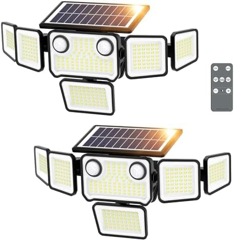 SZPOWER 6000LM Solar Lights Outdoor Waterproof, 6 Heads Solar Flood Lights Outdoor with 2 Motion Sensor, 310 LED Motion Light with Remote Control for Yard Outside House Patio 2 Pack