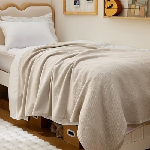Bedsure 100% Cotton Blanket, Herringbone Weave, Twin-XL, Linen Beige