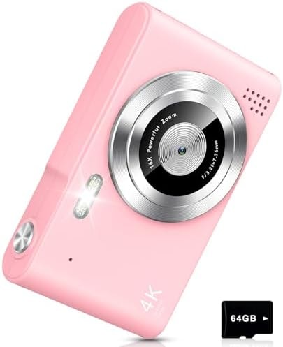Digital Camera UHD 4K with 64G Card 16X Zoom Light & Easy for Kids, Pink