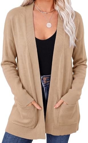 KIRUNDO Long Cardigans for Women Trendy Sweater with Pockets(Khaki, S)