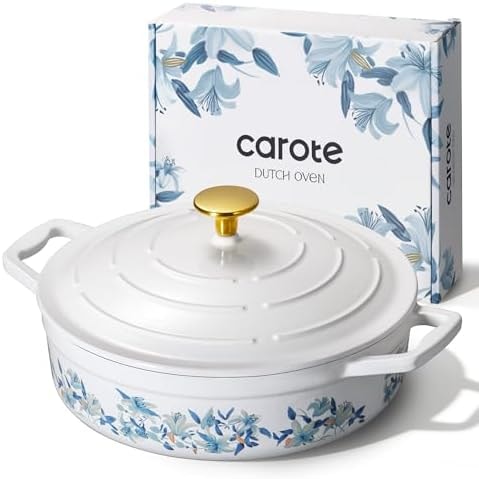 CAROTE 3.5QT Enameled Cast Iron Braiser Pan, Shallow Floral Dutch Oven Casserole Skillets, Non-Toxic Cast Iron Pot with Lid for Baking, Dual Handles, All Stovetop Compatible, White & Blue