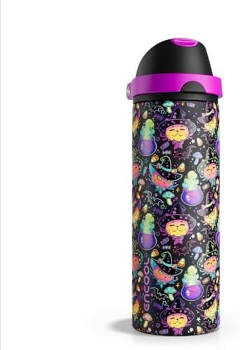 Insulated Water Bottle with Straw - Encool Stainless Steel Water Bottle with Push Button Lid, Leak-Proof & BPA-Free, Keeps Cold for 24 Hours for Sports, Travel, Gym (24 oz, Meowgic Night)