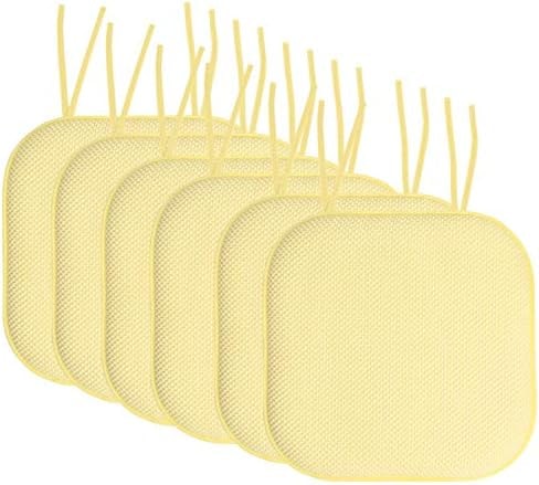 Sweet Home Collection Chair Cushion Memory Foam Pads with Ties Honeycomb Pattern Slip Non Skid Rubber Back Rounded Square 16" x 16" Seat Cover, 6 Pack, Yellow