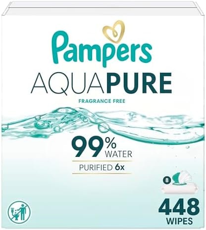 Pampers Aqua Pure Baby Wipes, 99% Water, Fragrance Free, Unscented, Water Based, Multi-Use, 448 Wipes Total (8X Flip-Top Packs) [Packaging May Vary]