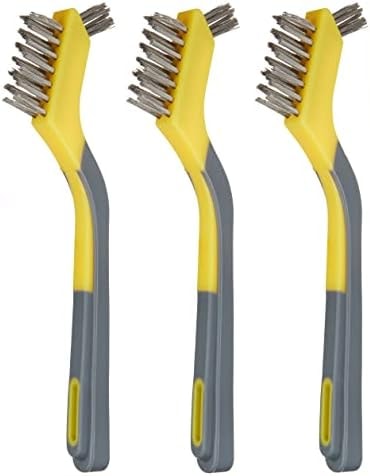 Amazon Basics Stainless Steel Mini Wire Brushes for Paint Removal, Rust Removal, Crevice Cleaning, Soft Grip Ergonomic Handle, 3-Pack, Grey/Yellow