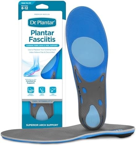 Dr. Plantar Insoles for Men, Arch Support, Heel Cushion, Memory Foam, Gel Stabilizers, Sizes 8-12, Trim to Fit, Helps Relieve Pain from Plantar Fasciitis