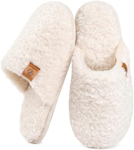 EverFoams Women's Fuzzy Slippers Cozy House Shoes Cream White, 7-8 US
