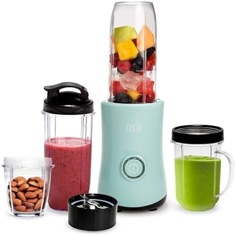 Tasty Personal Blender With Cup, 350W Powerful Blending Motor, 9-Piece Set With 4 Cups & Travel Lid, Compact & Portable, Aqua