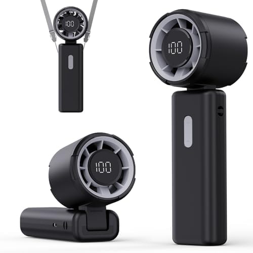 TUNISE Black Portable Fan, Rechargeable Mini Turbo Handheld Fan with LCD Battery Display, 100-Level Adjustable Wind Speed, 4000mAh Personal Cooling Fan, 90° Foldable for Office and Travel