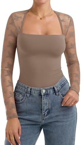 PINKMSTYLE Women Sexy Mesh Sheer Long Sleeve Tops Fitted Double Lined Square Neck Going Out Lace Shirts Latte Small