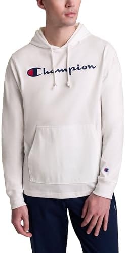 Champion Men's Pullover Jersey T-Shirt Hoodie, Standard Fit, Midweight, Script Logo, White - Classic Script Logo, Large