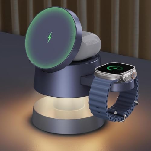 iVANKY 3 in 1 Mag-Safe Charger Stand, 15W Fast Magnetic Wireless Charging Station with Night Light for iPhone 17e 17 16 15 14 13 Pro Max, Apple Watch, AirPods 4/3/2/Pro(No AC Adapter)