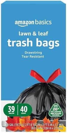 Amazon Basics 39 Gallon Lawn & Leaf Heavy Duty Drawstring Trash Bags, 20% Post Consumer Recycled, 40 Count, Black