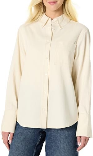 Amazon Essentials Women's Modern Oversized-Fit Cropped Denim Button-Down Shirt, Lightweight Chambray, Point Collar, Ecru, Small